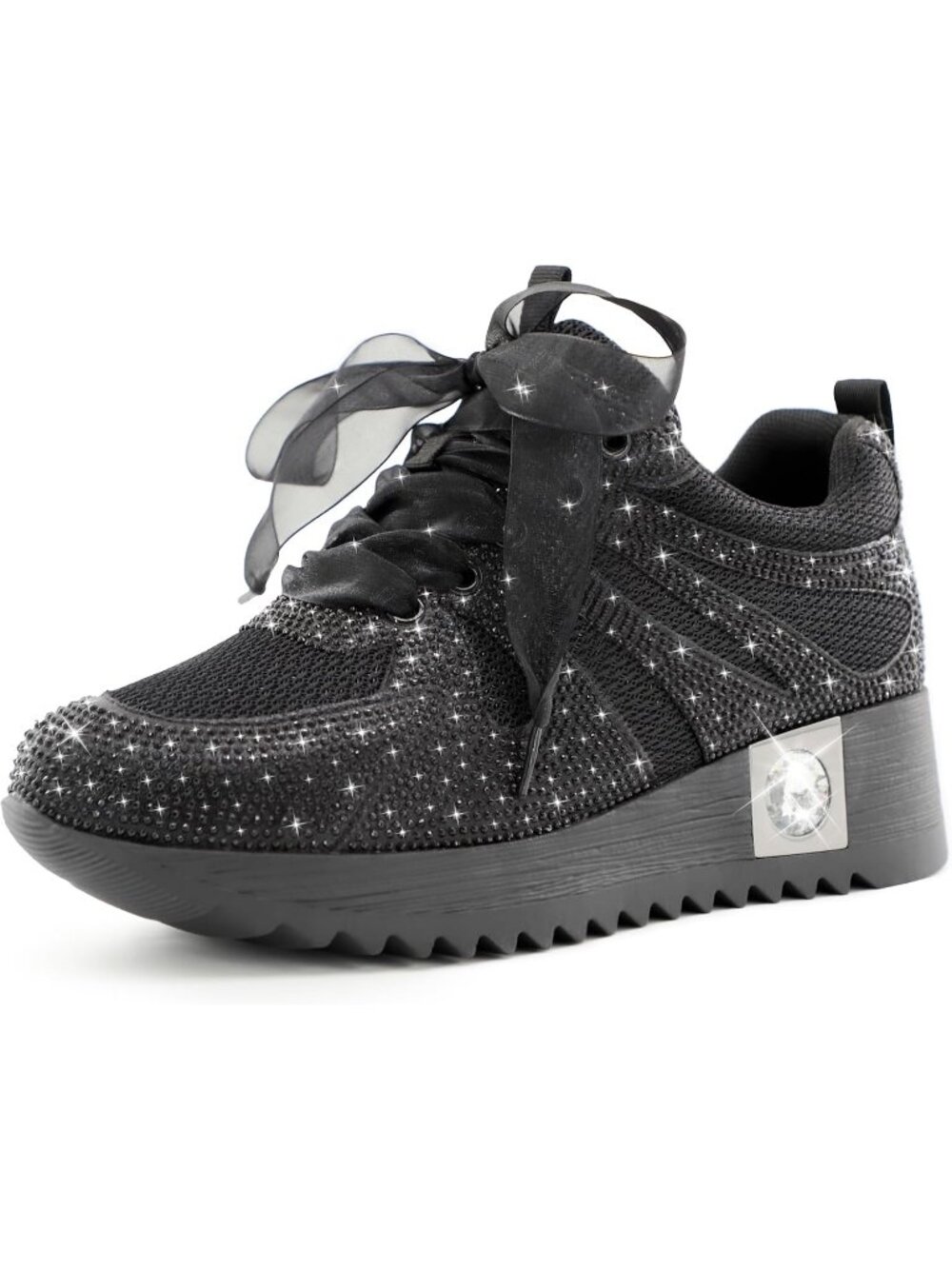 Women's Black Mesh Platform Wedge Sparkly Rhinestone High Top Glitter Sneakers